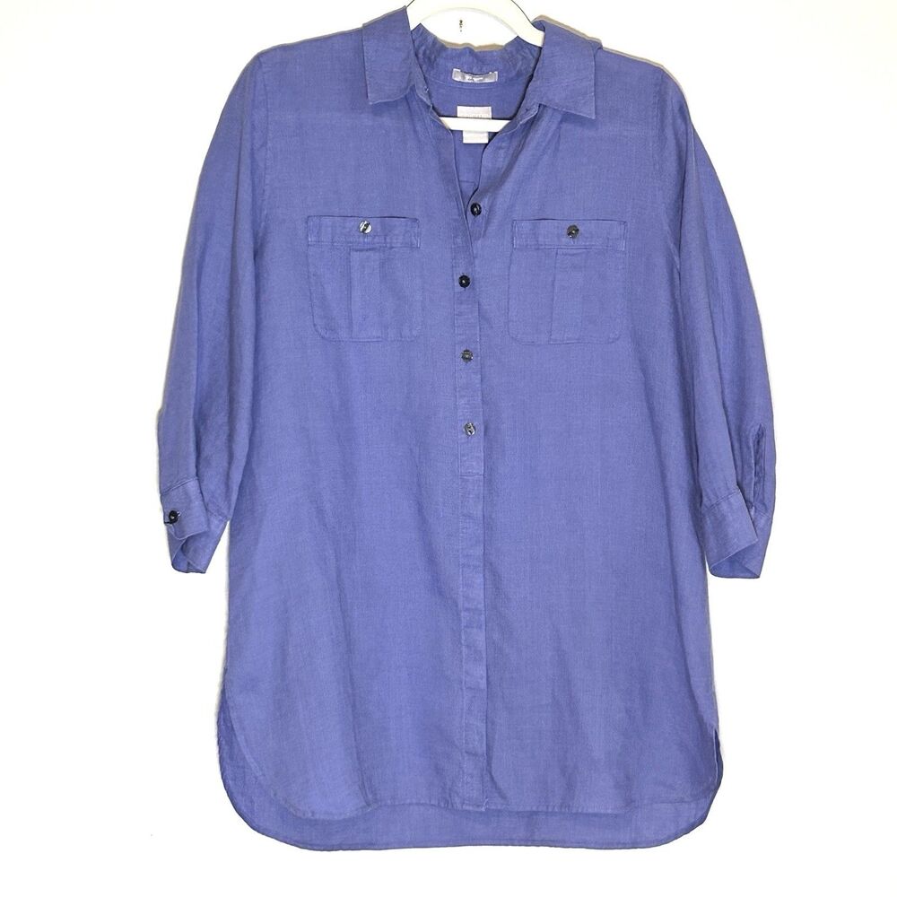 Chico's Linen Button Shirt Blue Roll Tab Sleeve Tunic‎ Top Size 1 Medium